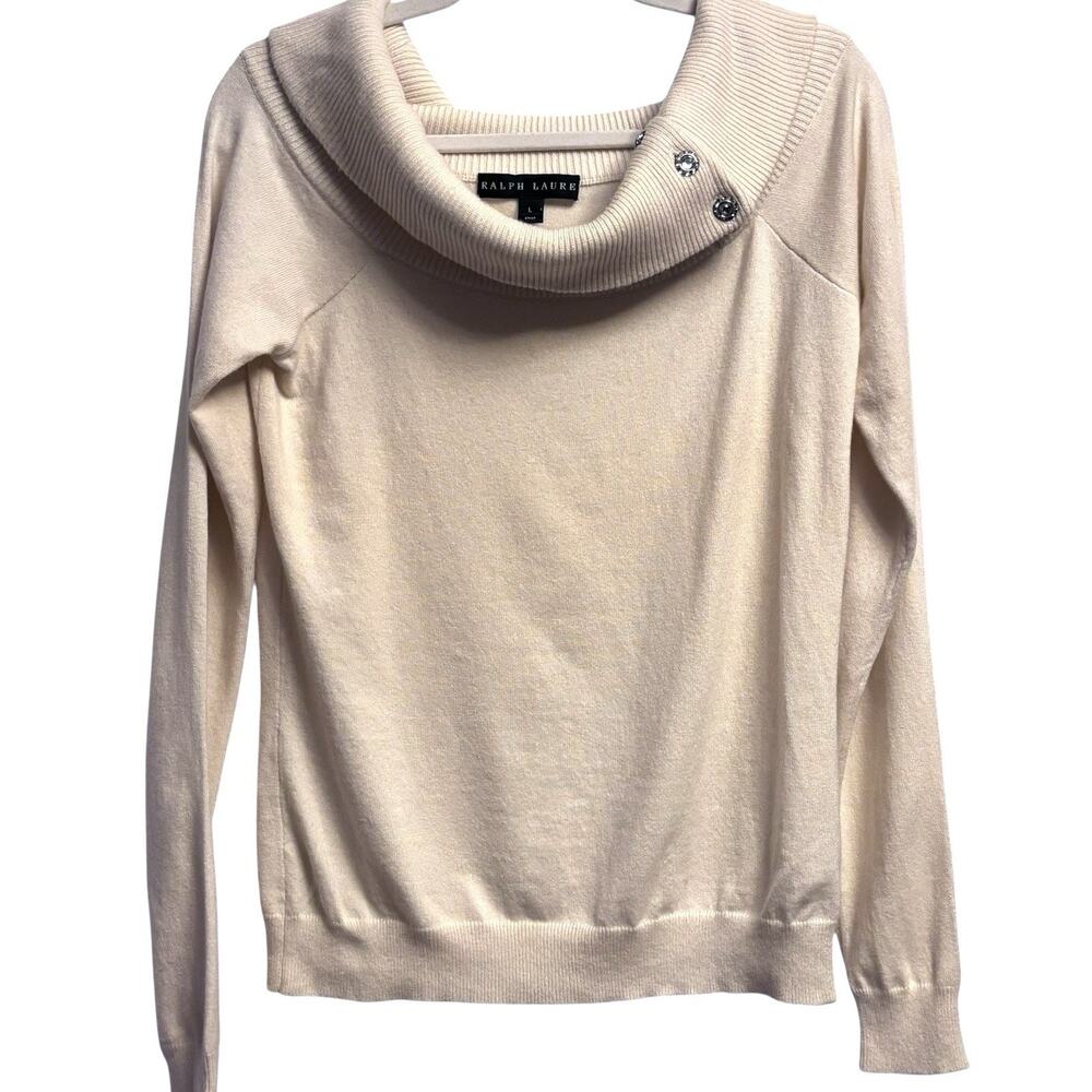 Ralph Lauren Black Label Cashmere Cowl Neck Sweater Ivory Jeweled Buttons L